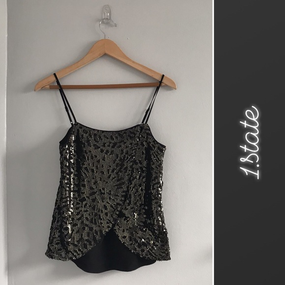 🏝️ 1.State Tulip Sequined Cami Top Black Gold • S - Picture 1 of 5